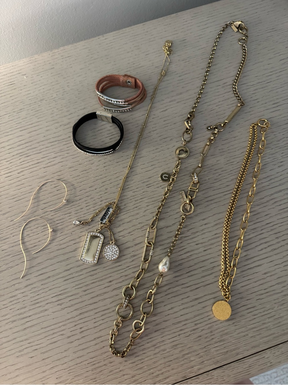 Gold Tone Layered Necklace Set with Pink and Black Leather Bracelets bundle